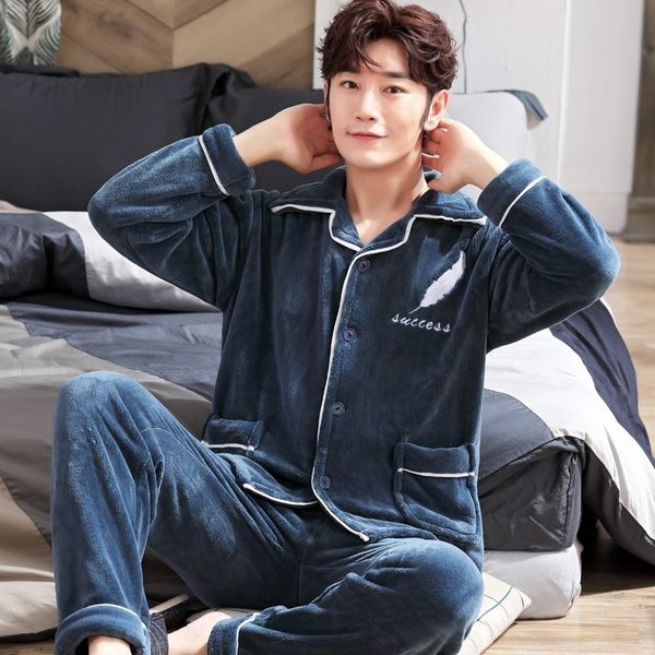 

sleepwear pajama sets spring thick warm flannel men long sleeve coral velvet suit loungewear homewear home clothes, Black;brown