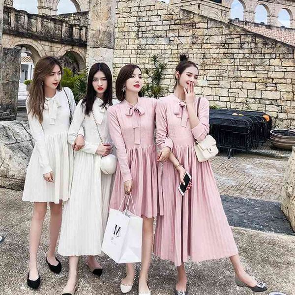 

vestidos mujer white and black cute sash bows long sleeve pink pleated knitted elegant women dresses tunic mid-calf sweater dress, Black;gray
