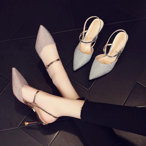 

spring 2021 cat-heeled, pointy one-shoe, hollow sandals, high-heeled, suede, rhinestone, one-button women's shoes sandals, Black