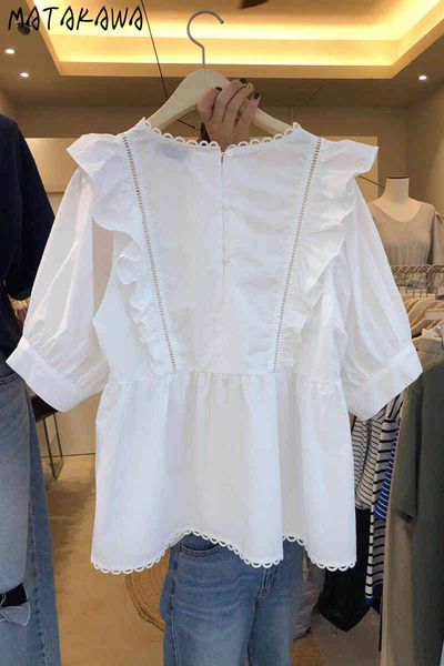 

loose ruffled blouse women korea summer sweet lace cut out blusas short-sleeved baby shirts blouses 210506, White