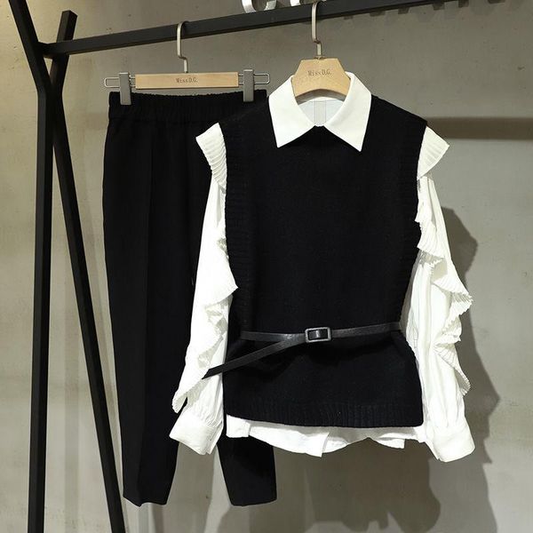 

women's two piece pants 2021 french romantic ruffled women 's clothing for fat girls autumn fashionable stylish younger shirt vest, White
