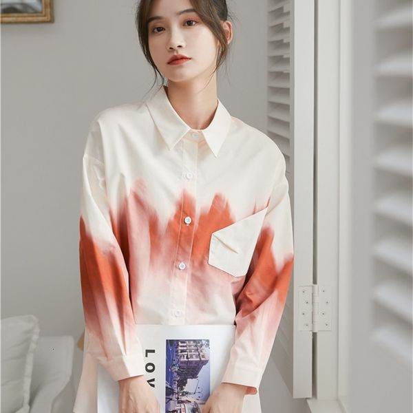 

women's two piece pants tie dye 2021 designer shirt women long sleeve and blouse button up collar white contrast color korean