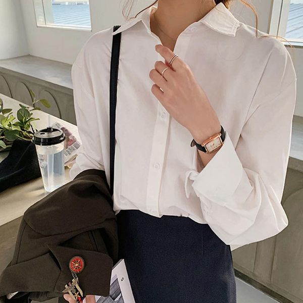 

elegant office lady shirt casual long sleeve solid turn-down collar all-match loose and blouses oversized tunic 210428, White
