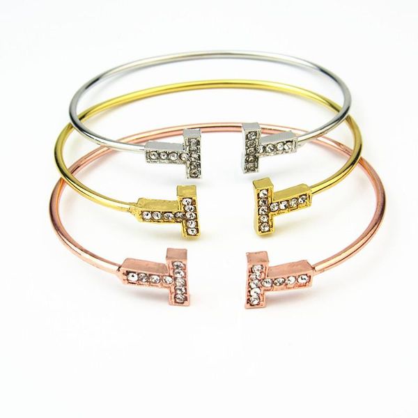 

bangle european and american simple design double t bracelet word inlaid zircon open fashion rose gold women, Black