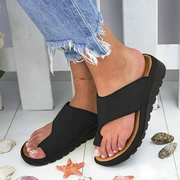 

sandals women pu leather comfy platform casual soft big toe sandal summer shoes fs99 4lk0, Black