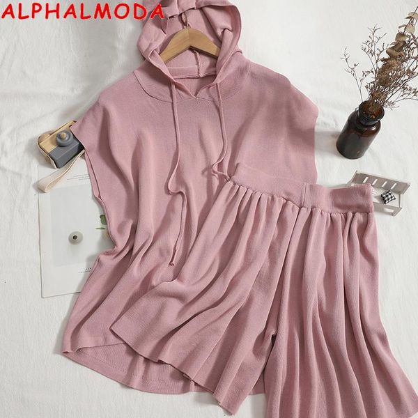

women's tracksuits alphalmoda 2021 solid color hooded sleeveless vest + korean slim wide leg shorts women 2pcs casual knitting two piec, Gray