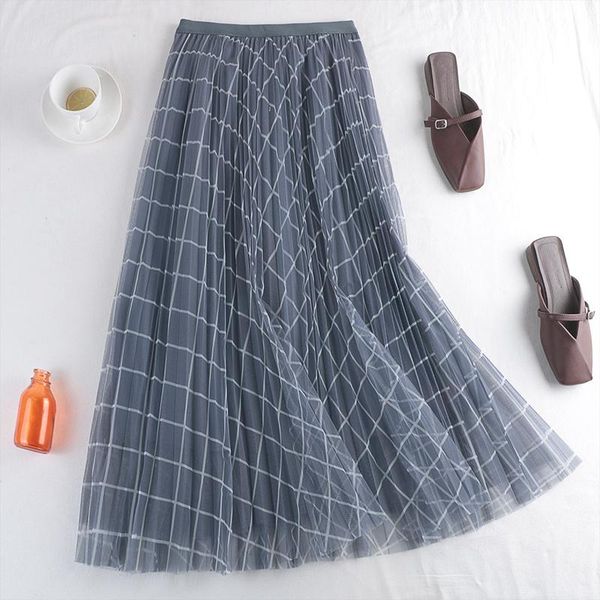 

skirts high-waisted thin a-line elastic waist double-layer mesh plaid print mid-length skirt early spring female 616, Black