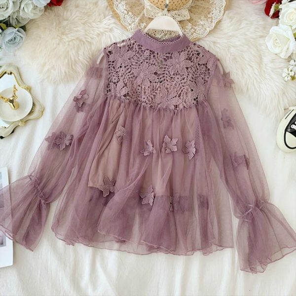 

lace flower crochet womens blouses mesh casual long sleeves stand collar with camis, White