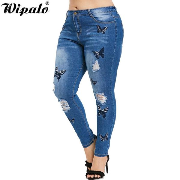 

women's jeans wipalo plus size butter distressed embroidered women pant skinny high waist pencil pants denim jean ladies trousers 5xl, Blue