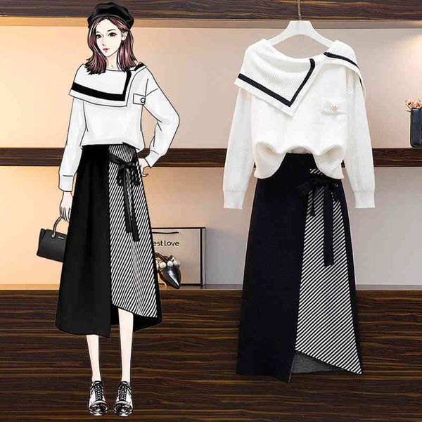 

two piece dress ichoix autumn female winter 2 piece turn-down collar ensemble white slimming gown mid-length skirt knitted clothes of ladies