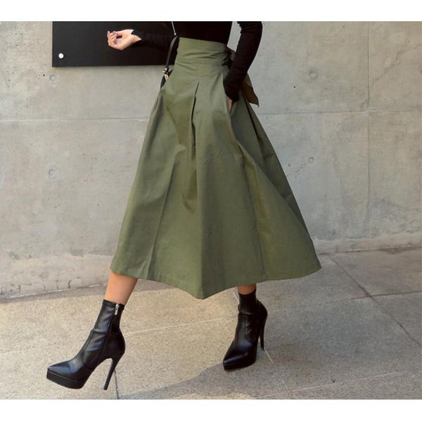 

skirts womens korean fashion solid color big swing ladies skirt long 2021 autumn wild high waist bow slim, Black