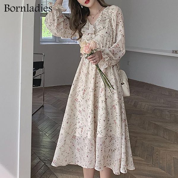 

casual dresses bornladies summer ruffles ladies chiffon dress full sleeve slim waist female a-line elegant women floral print vestidos, Black;gray