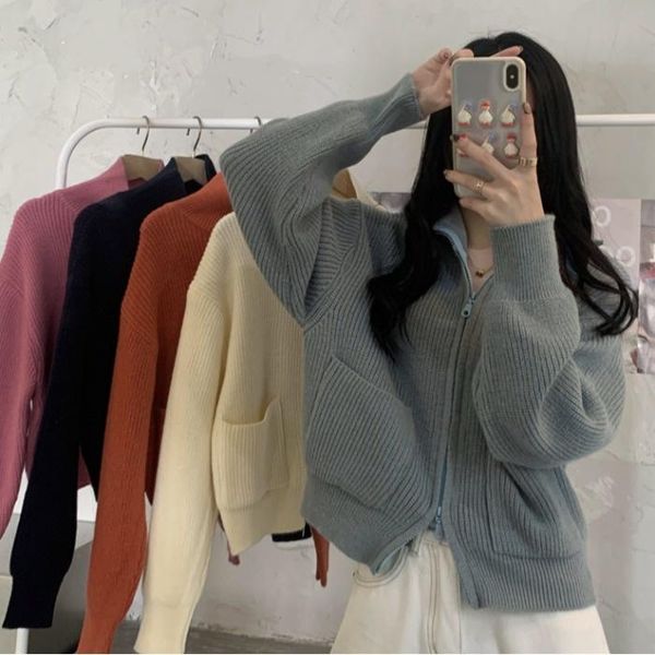 

women's knits & tees solid color cardigan zipper small lapel sweater 2021 autumn korean aging foreign fashion knitted top, White