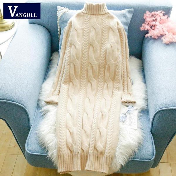 

casual dresses vangull knitted turtleneck women dress 2021 autumn winter twist strench pullover female long sleeve knee-length, Black;gray