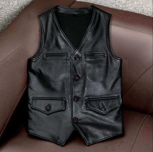 

men's vests mens motorcycle genuine leather men overcoat biker slim plus size clothing first layer cowhide sleeveless jacket, Black;white