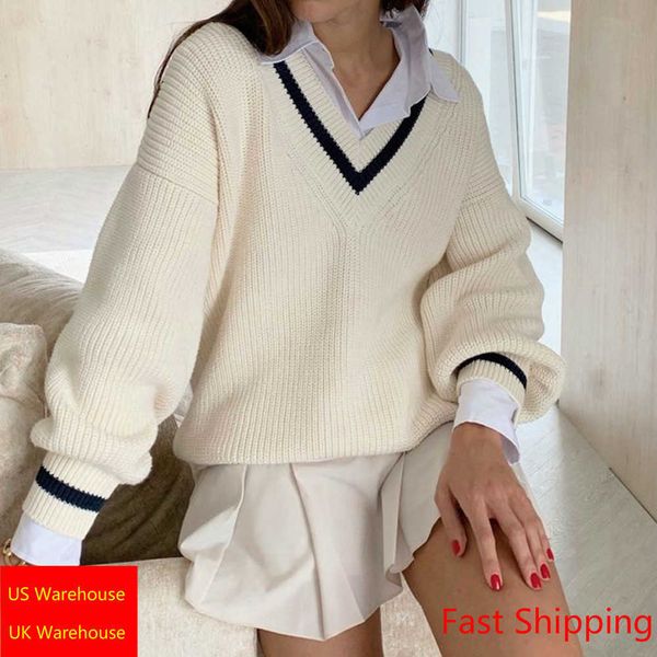 V-ausschnitt Weiß Casual Pullover Frauen Adrette Koreanische Langarm Jumper Damen High Street Herbst Winter Pullover X0721