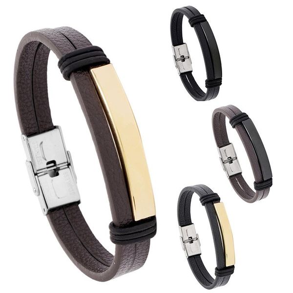 

tennis simple black/gold stainless steel tube charm pu leather male bracelets vintage black/brown men bangles wristbands, Golden;silver