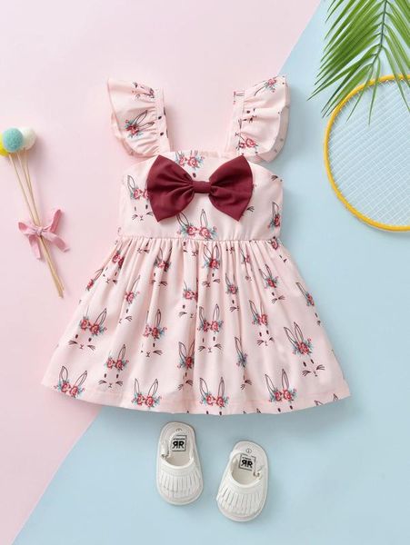 

baby rabbit & floral print ruffle trim bow dress she, Red;yellow