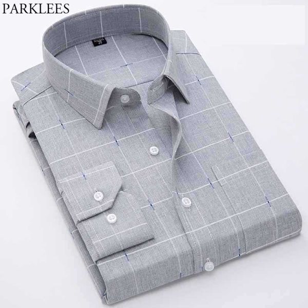 Camicia elegante scozzese in bambù scozzese da uomo Primavera Slim Fit Camicie a maniche lunghe Uomo Casual Button Down Chemise Homme senza rughe 210522