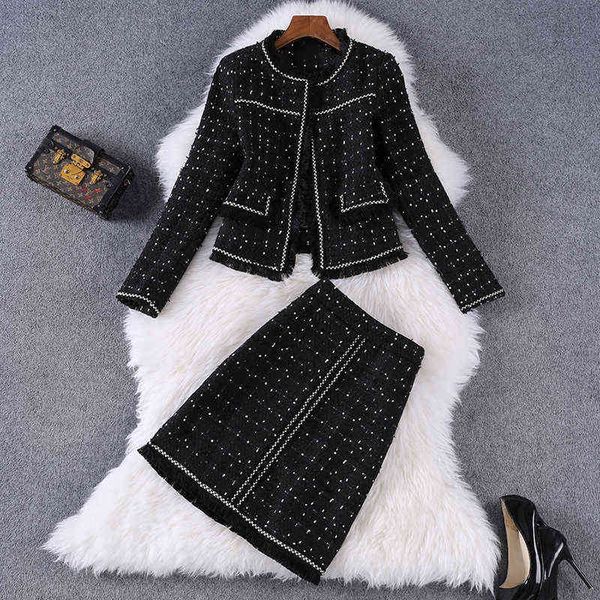 

autumn winter women elegant black dots two piece outfits round neck tassel tweed jacket and skirt suits office lady 211119, White