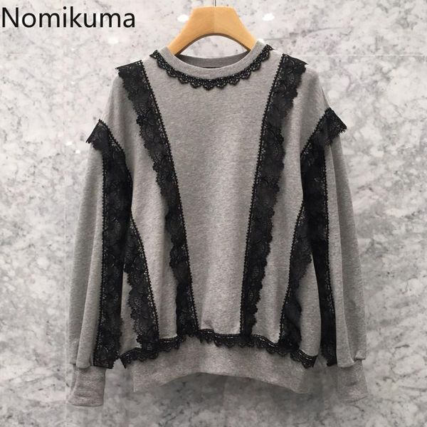 

women's hoodies & sweatshirts nomikuma korean lace patchwork 2021 autumn winter long sleeve o-neck pullover sweatshirt causal women 6b, Black
