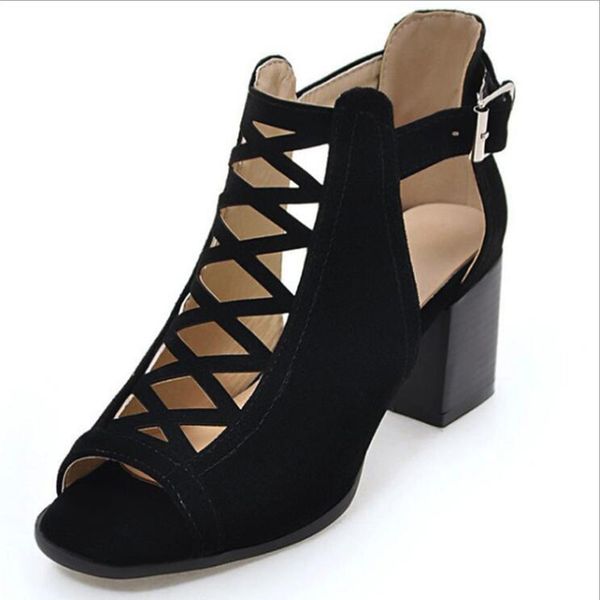 

70% off wholesale flip-flops designer summer new fashion mesh hollow fish mouth women peep toe sandals thick heel high-heeled comfortable ro, Black
