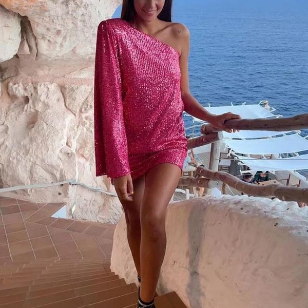 

casual dresses rose red sequins one shoulder beach wear 2021 summer women vintage female fashion party streetwear slim mini dress, Black;gray