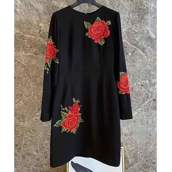 

cosmicchic 2021 ss women party dresses long-sleeve black elegant dress embroidered rose waist hugging vintage short casual, Black;gray