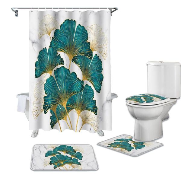 

ginkgo biloba marble texture shower curtain set carpet cover toilet bath mat waterproof bathroom curtains