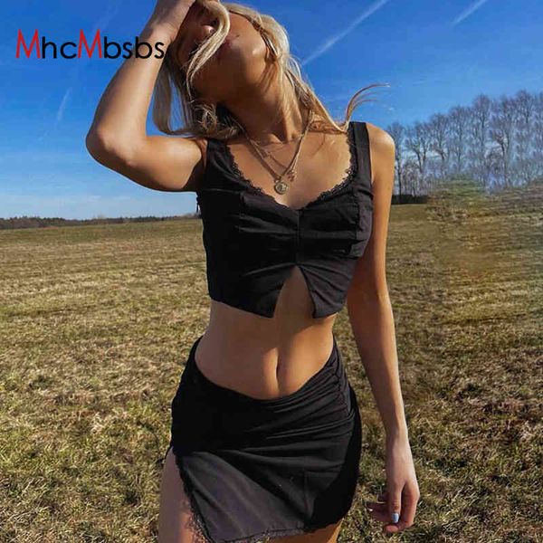 Conjuntos de 2 partes Lace Trim Ruched Split Camis Sexy Black Summer Colheita Superior Saco Hip Mini Saias Beach Holiday Roupas Góticas 210517