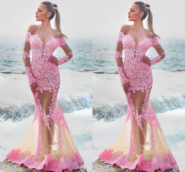 Berta Sexy Arabo See Guarda Attraverso Abiti da sera Mermaid con a maniche lunghe Sheer Gewy Neck Pavimento lunghezza Pageant Dimensioni abito rosa