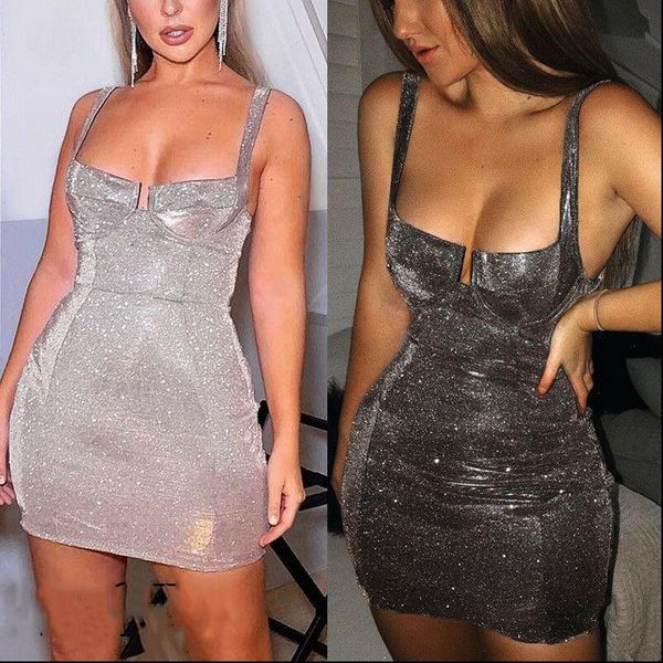 

sleeveless strap bodycon womens dress evening party mini pencil short sequin shinny skinny clubwear, Black;gray