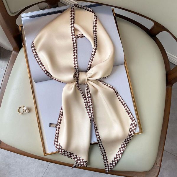 

scarves silk scarf women's spring autumn narrow houndstooth long strip arm bag ribbon neckerchief small hair tie scarfs female, Blue;gray