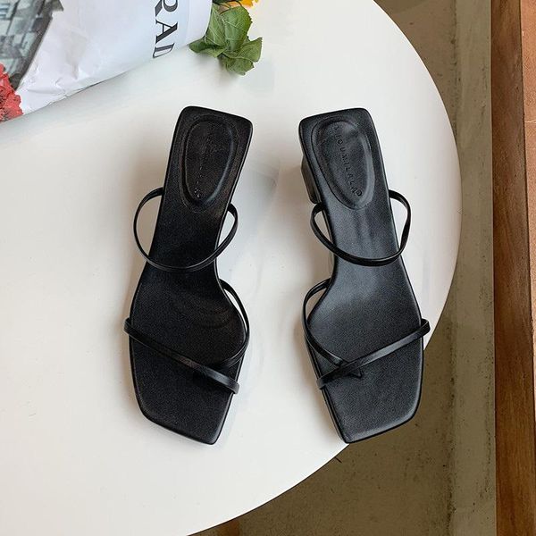 

slippers 2021 square spring and summer thick heel thin belt one half, Black