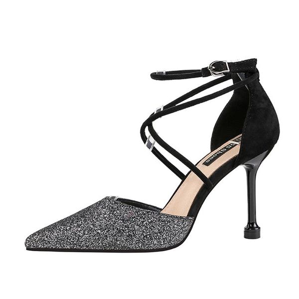 

dress shoes 2021 spring and summer women's sandals pointed fine with baotou word buckle hollow shallow mouth color matching sequins, Black