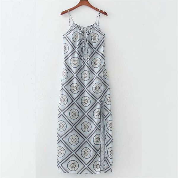 

women summer print long dress sleeveless spaghetti strap bandage bow tie female elegant fashion street split fork dresses 210513, Black;gray