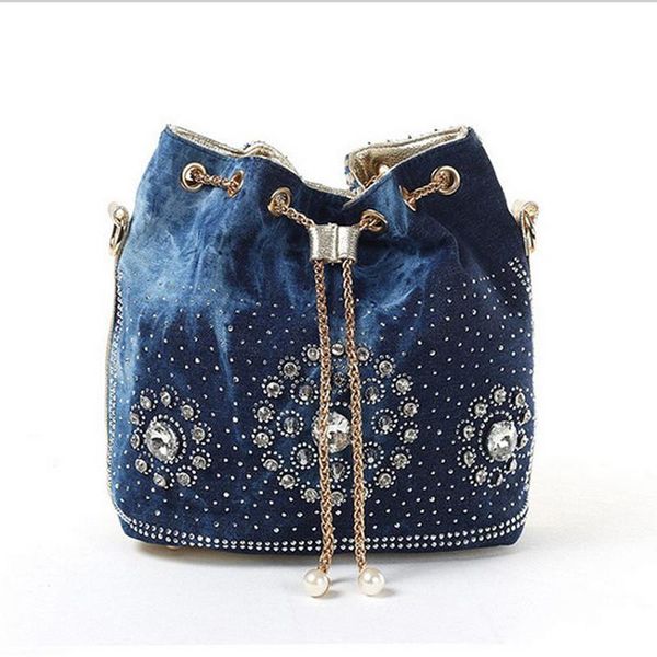 

evening bags women's denim chain drawstring bucket shoulder bag fashion diamonds handbags luxury crossbody messenger totes female