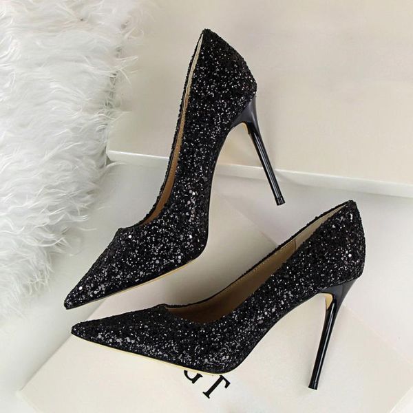 

dress shoes 2021 summer women high heels glitter sequins pointed pumps female stiletto wedding bridal elegant lady single, Black