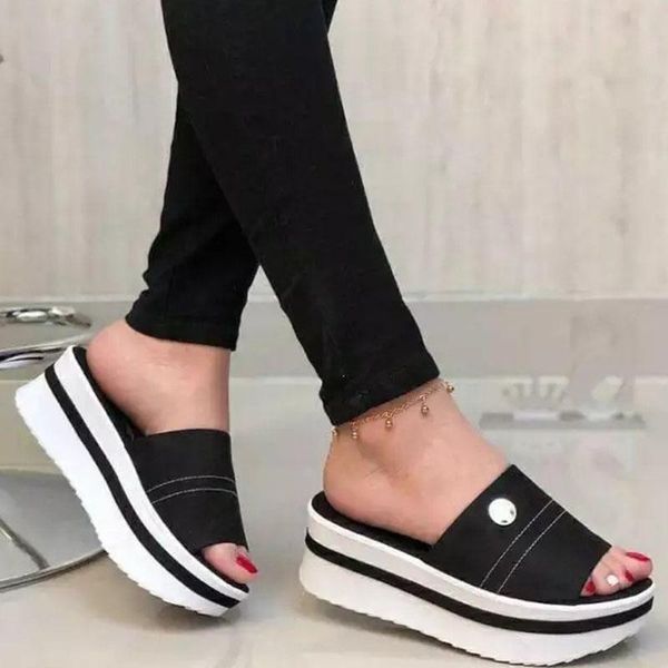 

women slippers platform sandals female slides thick bottom solid wedges ladies shoes fashion beach women's, Black