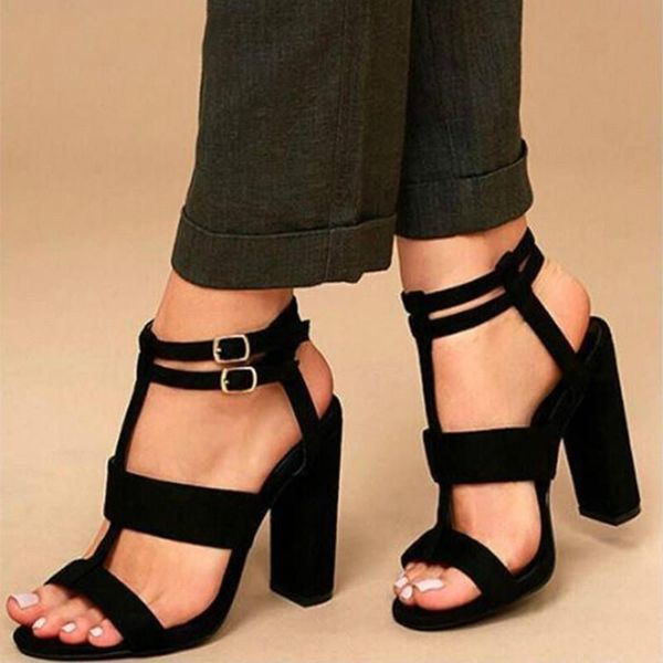 

high heels sandals gladiator summer for women double buckle square flock female party wedding ladies shoes, Black
