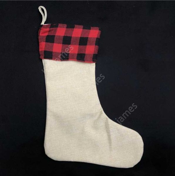 Calza natalizia scozzese rossa Flanella di bufalo di cotone Decorazioni natalizie nere Poli sublimazione grezzi Calze di Babbo Natale DAJ158