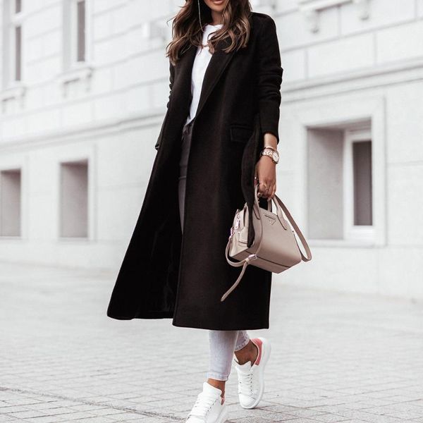 

women's wool & blends faux women long coats trench double breasted sleeve lapel belted casual autumn winter jacket outerwear, Black