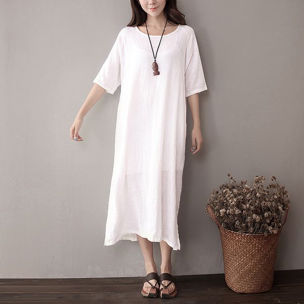 

original design womanly cotton linen robes loosey style summer long round turtleneck divided purple red dress, Black;gray