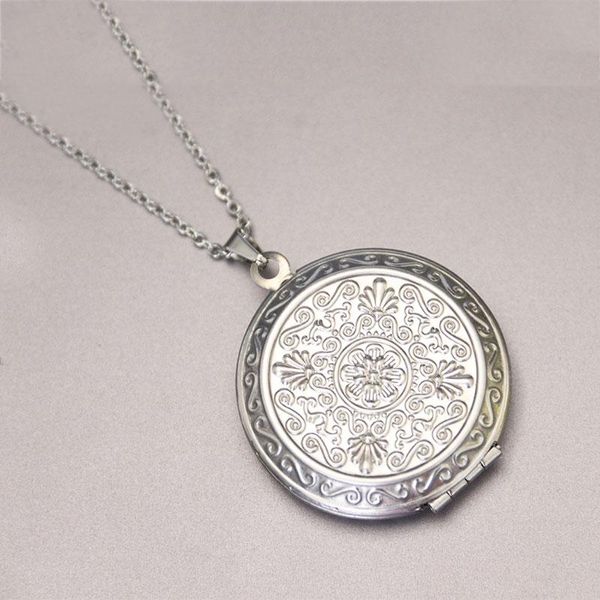 

chains 1pc round engraved daisy po frame pendant necklace stainless steel charms locket necklaces women men fashion memorial jewelry, Silver