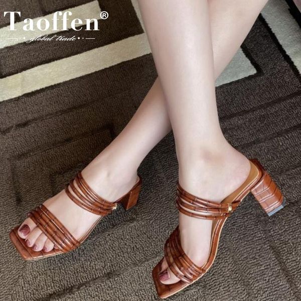 

taoffen women sandals shoes fashion square high heels slippers summer stone pattern slip on footwear size 34-39, Black