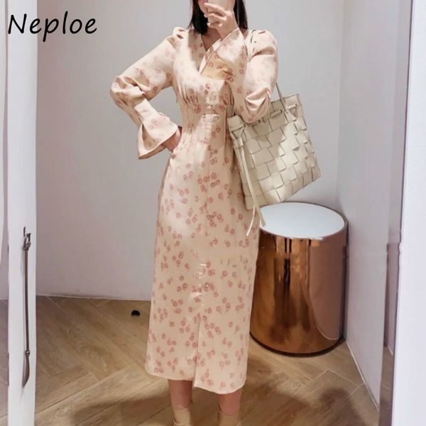 

neploe v neck single breasted slim fit dresses elegant high waist puff sleeve women dress spring chic flower print vestidos 210423, Black;gray