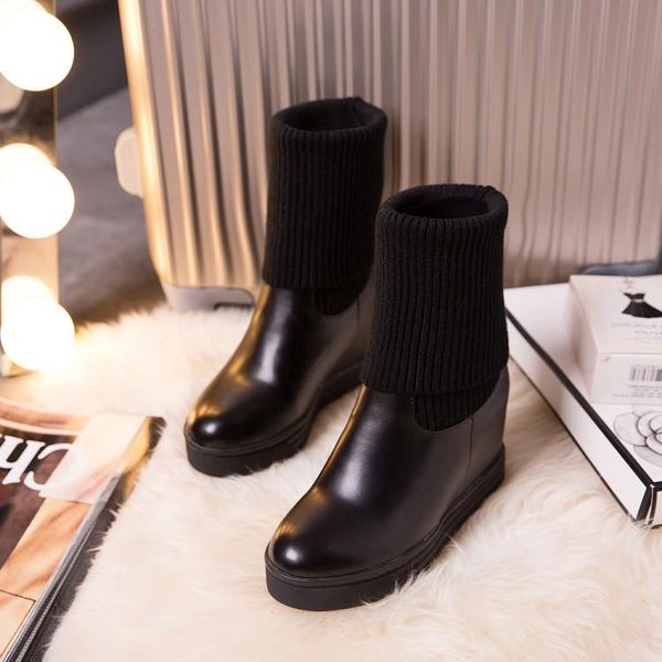

boots big size 9 10 11 12 women shoes ankle for ladies knit stitching increases inside, Black