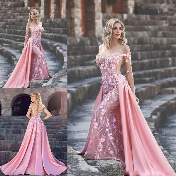 

2021 couture evening dress mermaid 3d flowers lace appliques detachable train prom gowns illusion long sleeve formal party dress, Black