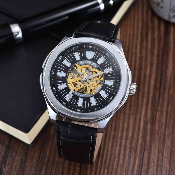 

goer men's watch automatic mechanical leather hollow belt, Slivery;brown