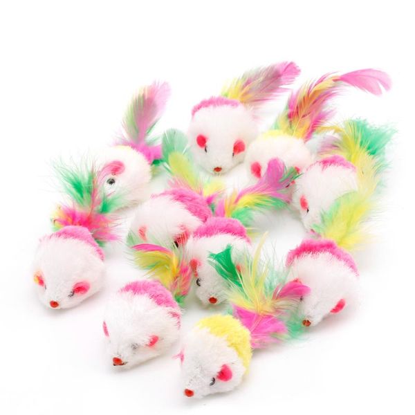 

cat toys 10pcs novelty pet kitten furry mouse shaped toy feather tail fetch gift